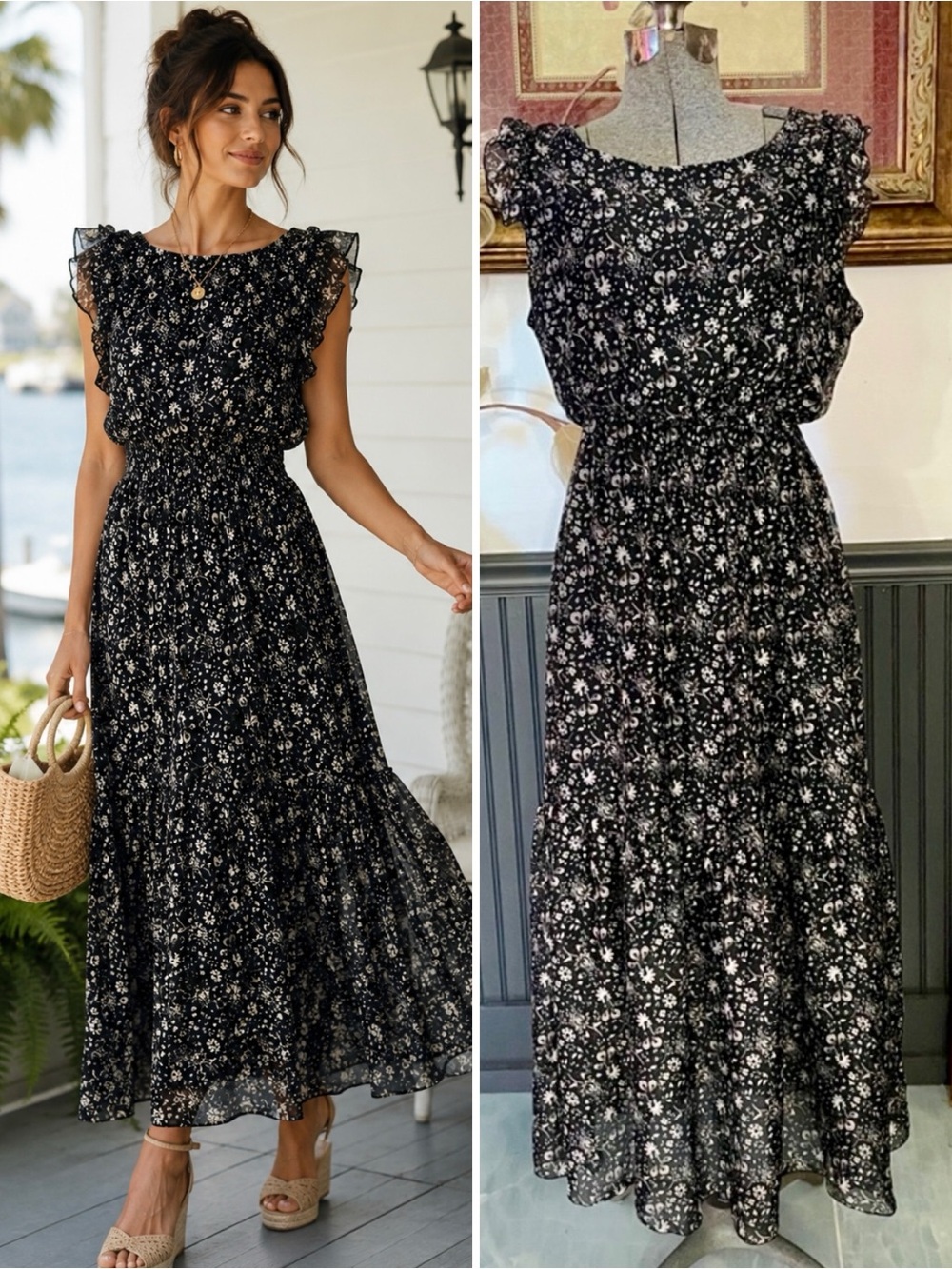 Le Ragazze Silk Blend Made in Italy Black Floral Flutter Sleeve Dress Sz L🧡🎀